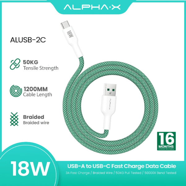 my-11134207-7rasg-m1f87tel608245 ALPHA·X ALUSB 2C Data Cable USB A to Type C 1.2m Braided Cable Heat Protection (Green)